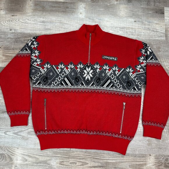 Spyder Wind Stopper Wool Red Gray Sweater Jacket 1/4 Zip Lined Mens Size Large - Picture 1 of 11